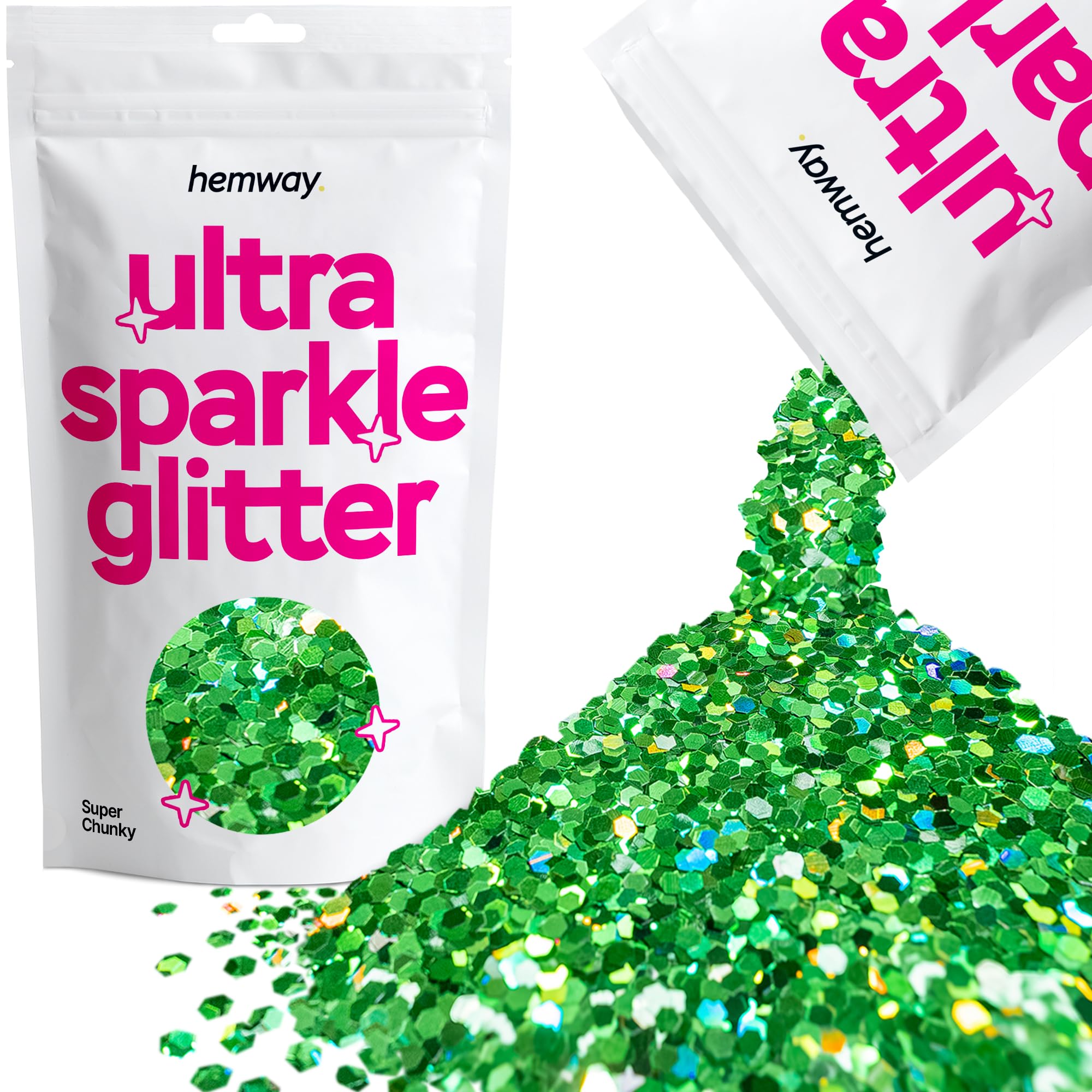 Hemway Ultra Sparkle Glitter Emerald Green Holographic 100g Super Chunky | Glitter for Arts & Craft, Makeup, Nail Art, Crafting, Card Making, Sparkle Decoration