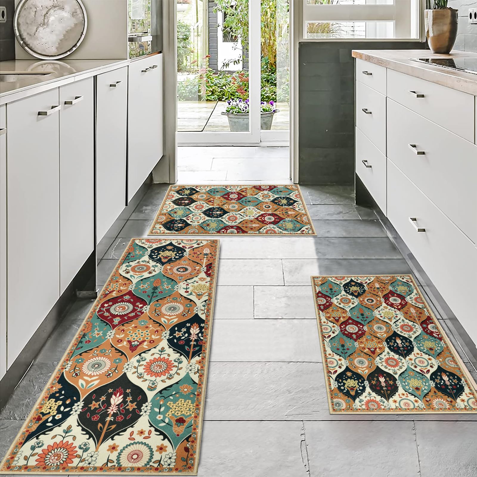 Falflor Moroccan Trellis Kitchen Mats 3 Piece Set Washable Kitchen Rug Sets Non Slip Kitchen Rug and Mats Soft Kitchen Mats for Floor Floral Pattern Doormat for Laundry Entryway Bathroom - Image 5