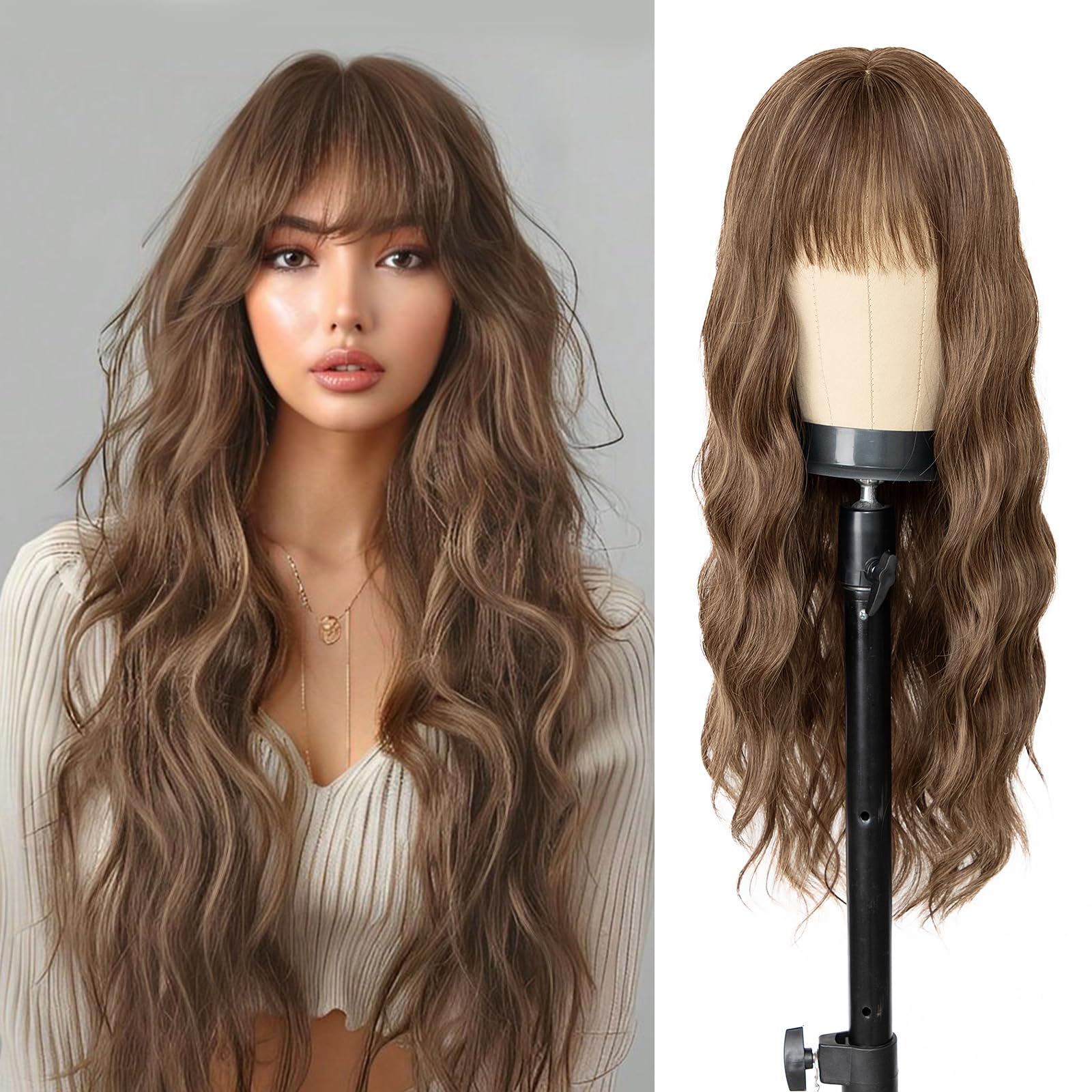 Photo 1 of ENTRANCED STYLES Brown Wig with Bangs, Long Wavy Brown Wigs for Women Highlighted Wig Wavy Synthetic Heat Resistant Wigs for Halloween Cosplay Daily Party