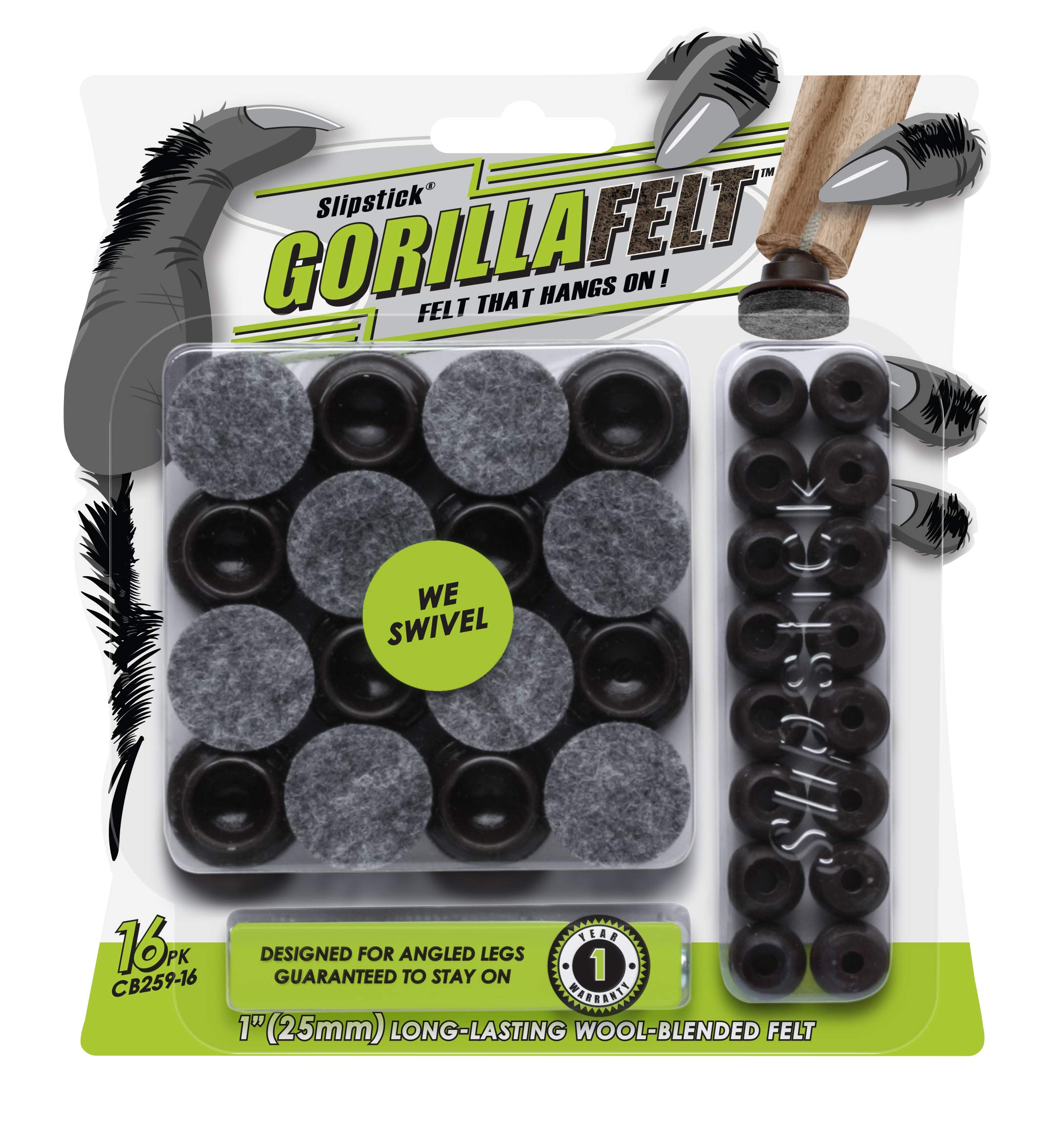 GorillaFelt Swivel Glide Felt Sliders for Chairs (16 Pack) Screw-On Floor Protectors for Angled Furniture Legs, 1 Inch Round Felt Glides, CB259-16