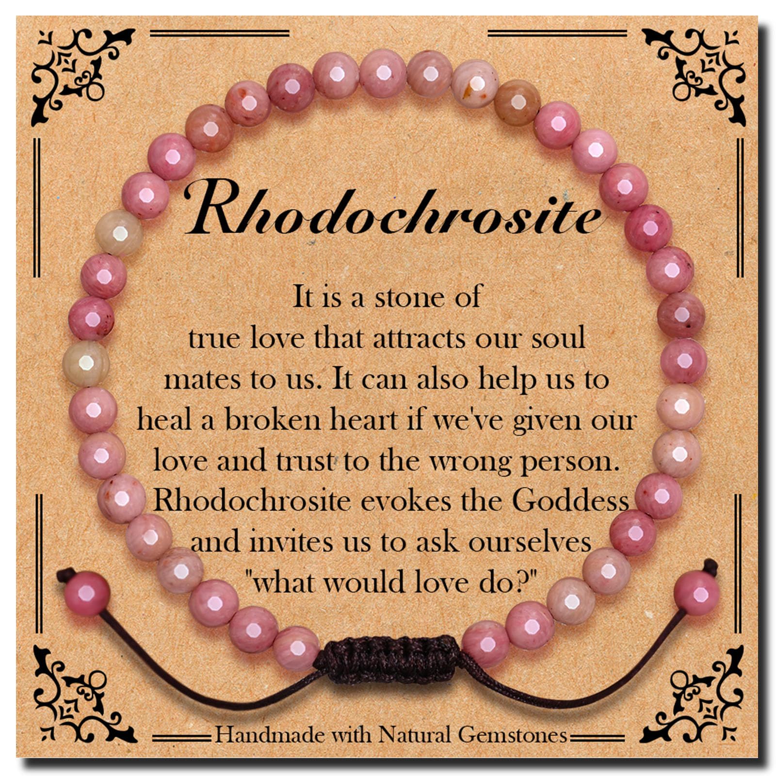 Photo 1 of BONNY BOXX Braided Genuine 4mm Rhodochrosite - Stone of Compassion - Bracelet, Elegant Handcrafted Natural Gemstone Crystal Bracelet Healing Power Energy Inspirational Gifts with Card for Unisex