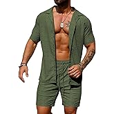 URRU Men's 2 Pieces Outfits Summer Beach Set See Through Sheer Short Sleeve Flower Lace Shirts and Shorts Sets