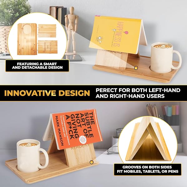 BARNLUX WOODEN BOOK HOLDER STAND FOR BEDROOM TABLE DECOR | BOOK NOOK READING VALET STAND WITH COFFEE DRINK HOLDER, NIGHT STAND BOOK HOLDER, BOOK REST STAND FOR BIRTHDAY GIFT FOR BOOK LOVER