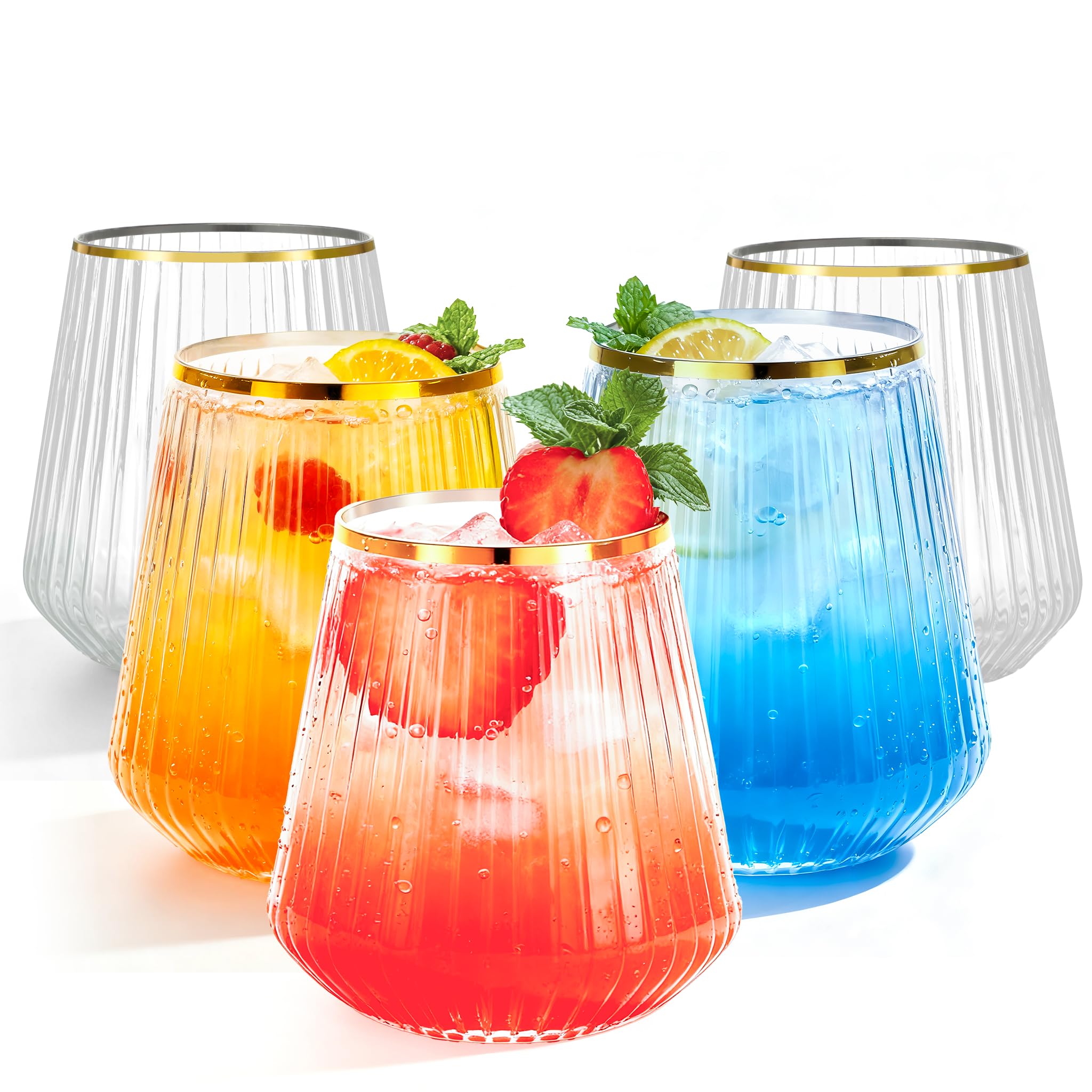 Photo 1 of BESTSTAR 36 Pcs 12 oz Plastic Clear Gold Rim Ribbed Wine Glasses, Origami Ripple Disposable Champagne Glasses Elegant Whiskey Glasses Ideal for Weddings, Bars, Christmas, Pool Party, Daily Use