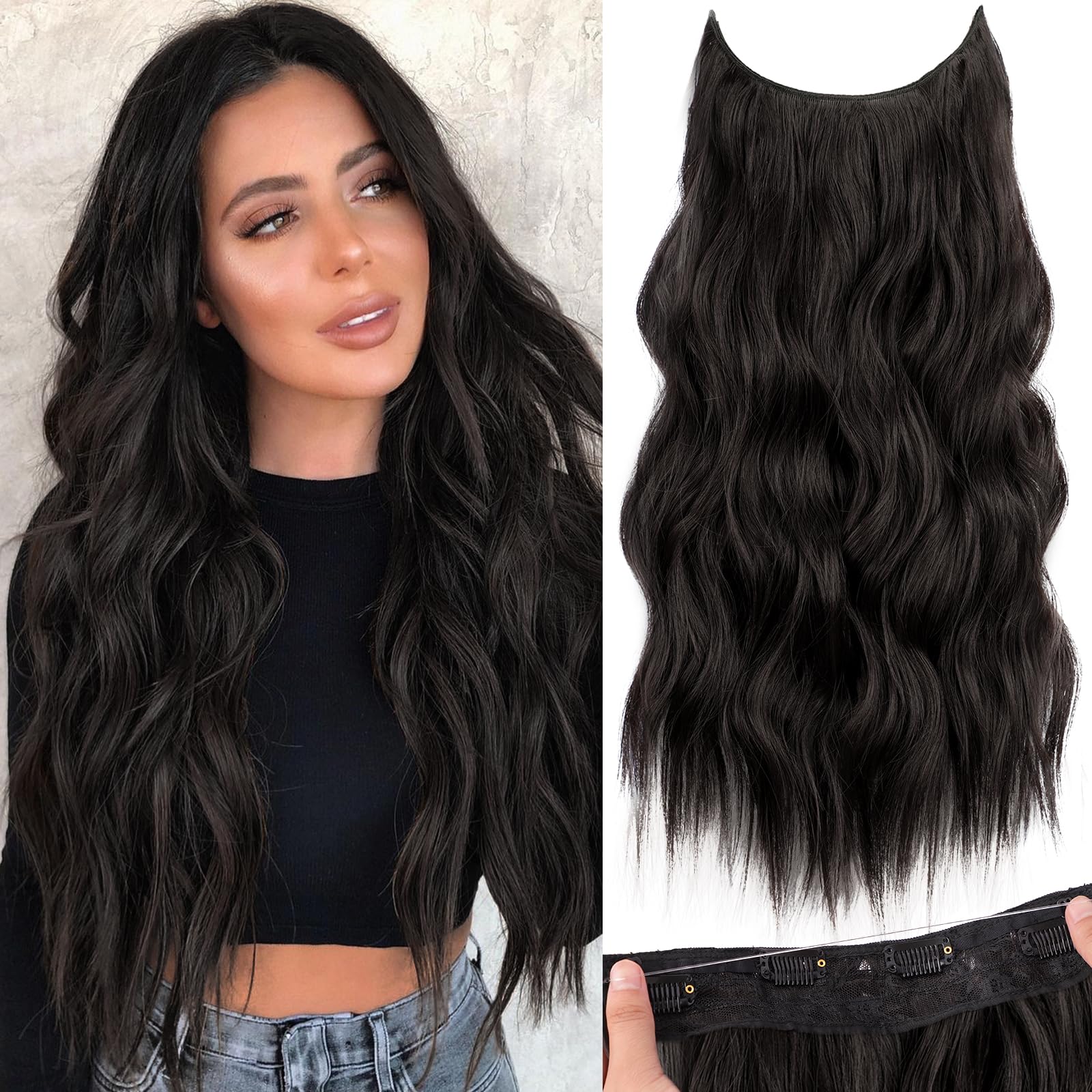 Photo 1 of KooKaStyle Invisible Wire Hair Extensions with Transparent Wire Adjustable Size 4 Secure Clips Long Wavy Secret Synthetic Hairpiece 20 Inch 120g Rich Dark Brown with Warm Tones for Women