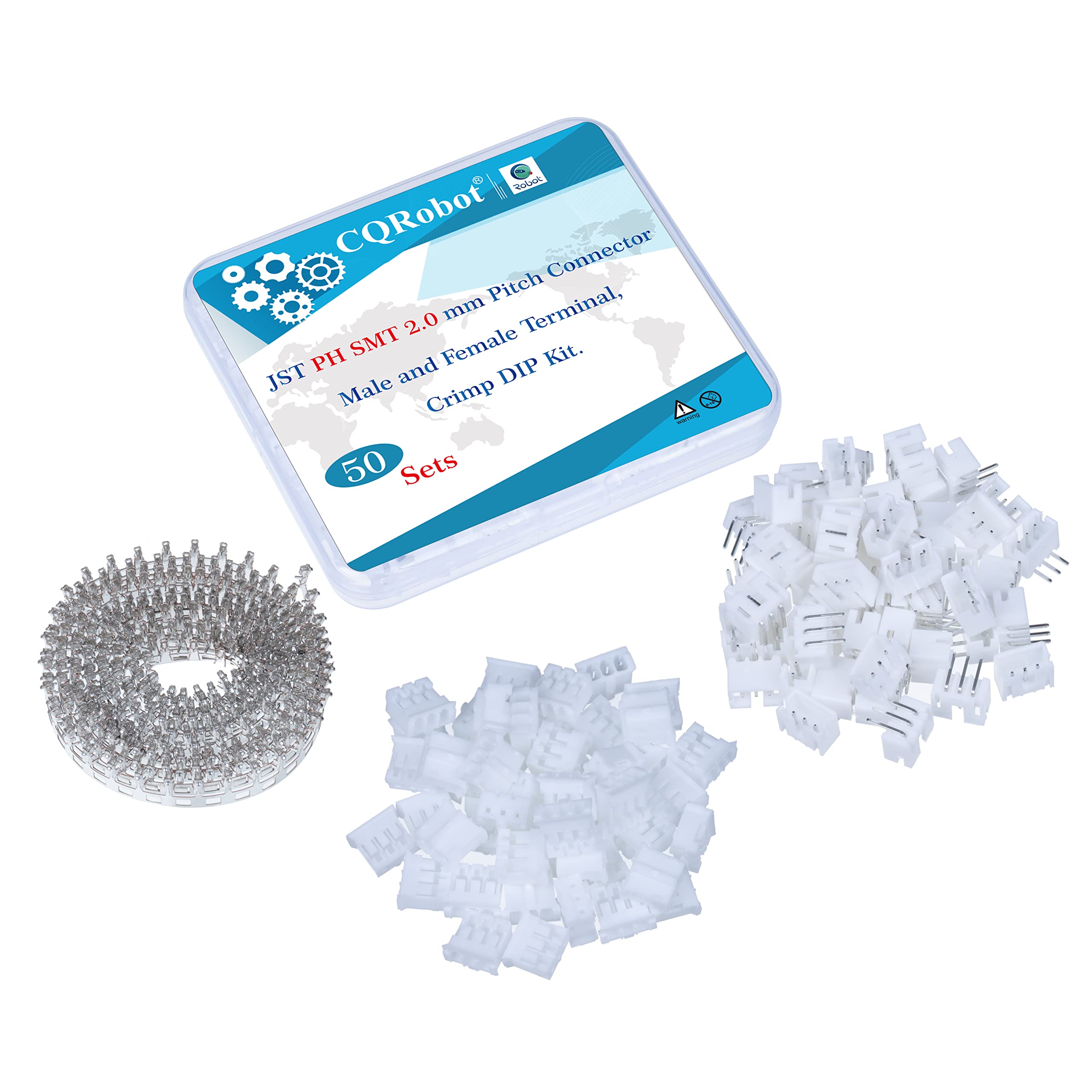 CQRobot JST PH SMD 2.0 mm Pitch 3-Pin Electronic Computer Connector IC Male Plugs, Female Sockets Housing and T-Shaped Crimp Terminal Kit.. 50 Sets/250 Pieces Wire-to-Board Adapter Cable Assembly.