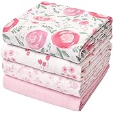 david's kids 4 Pack Baby Muslin Swaddle Blankets, 100% Cotton and Ultra Soft Breathable Receiving Blanket Wrap for Girls, New Born Essentials, Large 47 x 47 inches, Floral Flowers/Pink