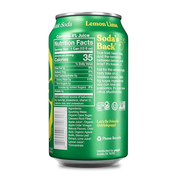 POPPI SPARKLING PREBIOTIC SODA BEVERAGE WITH APPLE CIDER VINEGAR, SELTZER WATER AND FRUIT JUICE, LEMON LIME FLAVOR, 12 FL OZ, 1 COUNT, PACKAGING MAY VARY