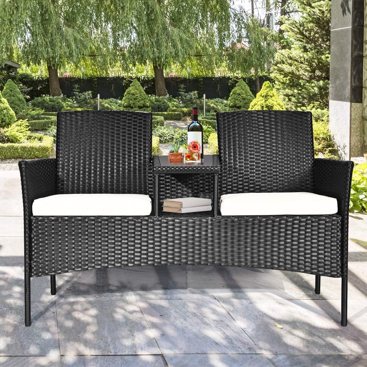 Tangkula Wicker Patio Conversation Furniture Set, Outdoor Furniture Set with Removable Cushions & Table, Tempered Glass Top, Modern Rattan Sofas Set for Garden Lawn Backyard (Black): Garden & Outdoor