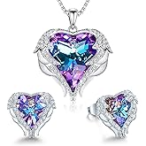 CDE Valentines Day Jewelry Set for Women, Angle Wing Heart Pendant Necklaces and Earrings with Birthstone, Birthday/Anniversary Christmas Jewelry Gift for Women Wife Her