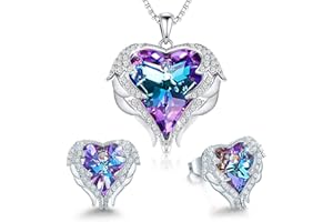 CDE Jewelry Set for Women, Angle Wing Heart Pendant Necklaces and Earrings with Birthstone， Birthday/Anniversary Christmas Jewelry Gifts for Women Mom/Wife/Sister/Best Friend