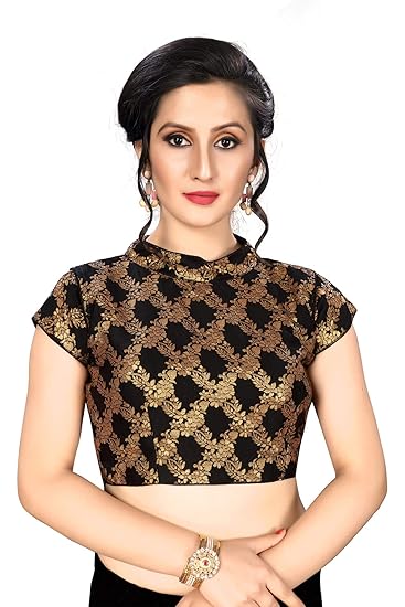 Women's Black Brocade Blouse With Collar Neck