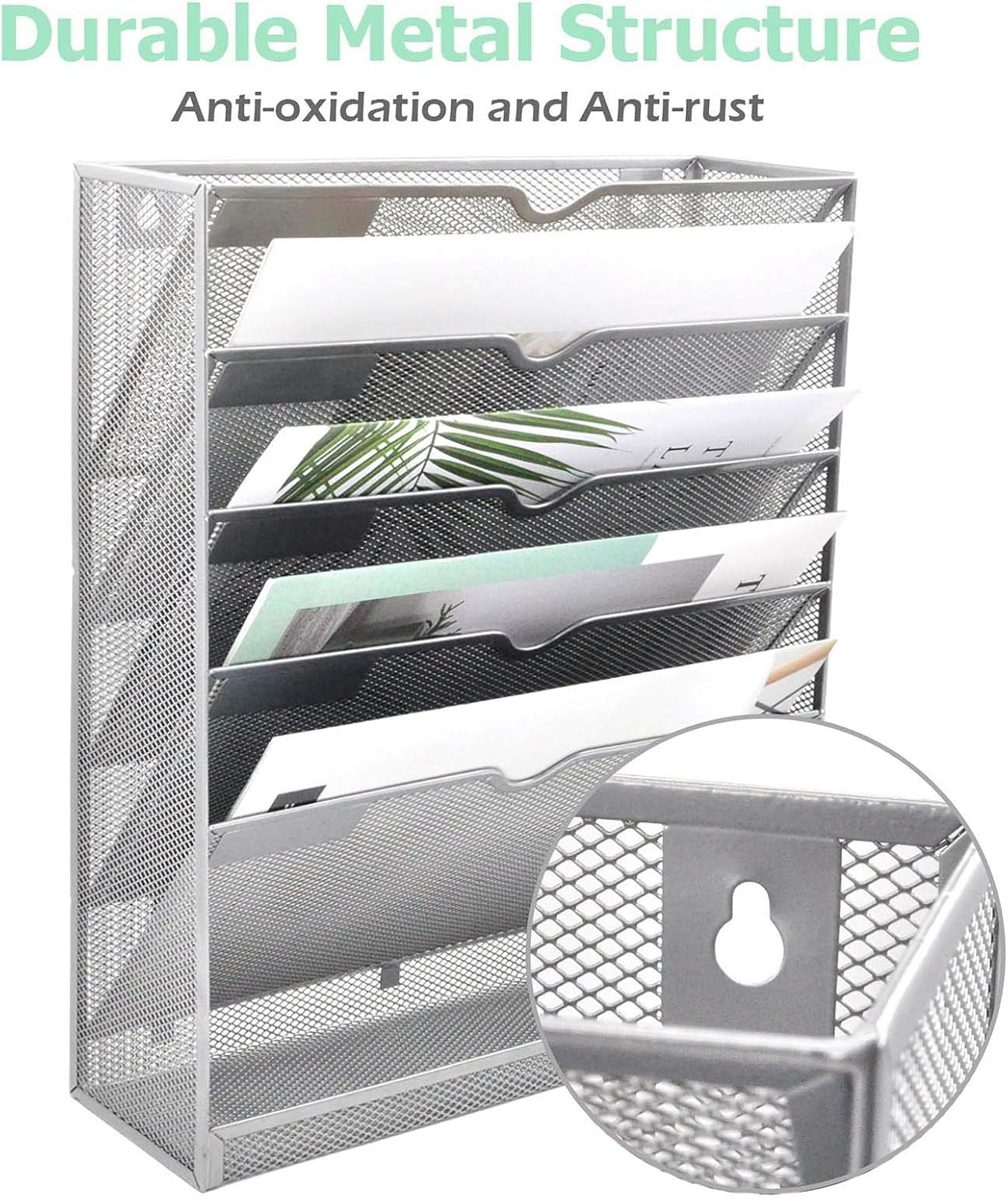 EASEPRES Mesh Wall File Organizer 5 Tier Vertical Mount Hanging Holder Magazine Rack with Bottom Flat Tray, Silver : Office Products