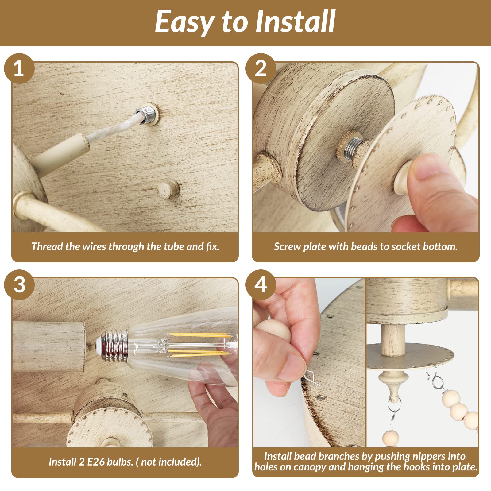 Farmhouse Wood Beaded Chandelier, Bohemia Ceiling Lamp, Rustic 2-Light Pendant Light Fixture, Semi-Flush Mount Ceiling Light for Living Room Entryway Hallway Kitchen Girl’s Room Baby’s Nursery, Oak