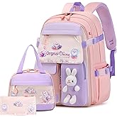 FIXITOK Girls Backpack Set, 3PCS Kids Backpack for Girls, Kawaii Bunny School Backpacks for Girl Kindergarten Elementary Preschool Middle School Bags with Lunch Box Pencil Case Pink