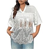 Milumia Women's Plus Size Letter Print Lace Sheer Mesh Jersey Shirt Half Sleeve V Neck Oversized Tee Top