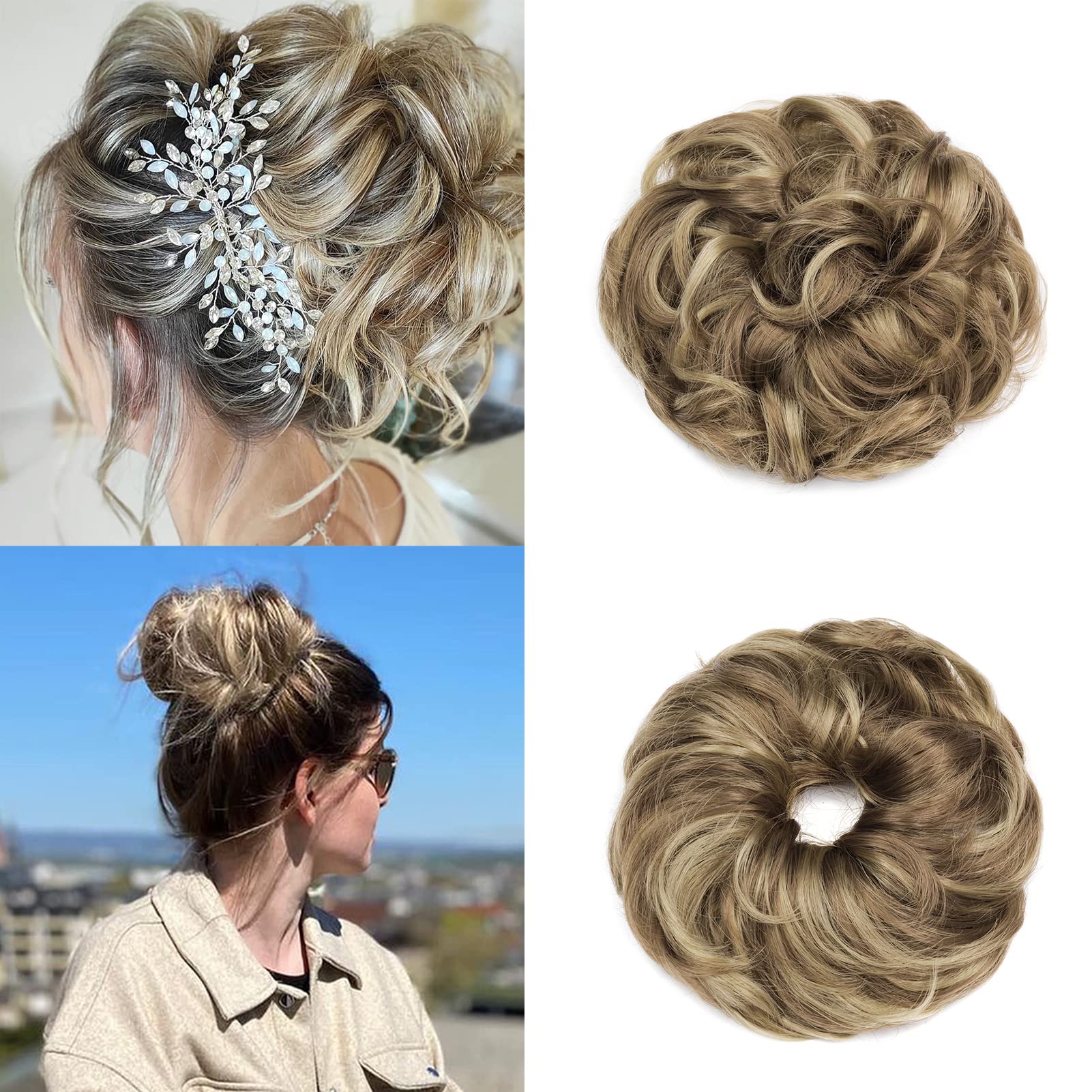 Gairyan Hair Scrunchies Hair Bun Hair Extensions Messy Bun Tousled Updo Curly Donut Hair Chignon Wavy Ponytail Hair Pieces for Women 40g (Golden Brown - Natural Blonde)