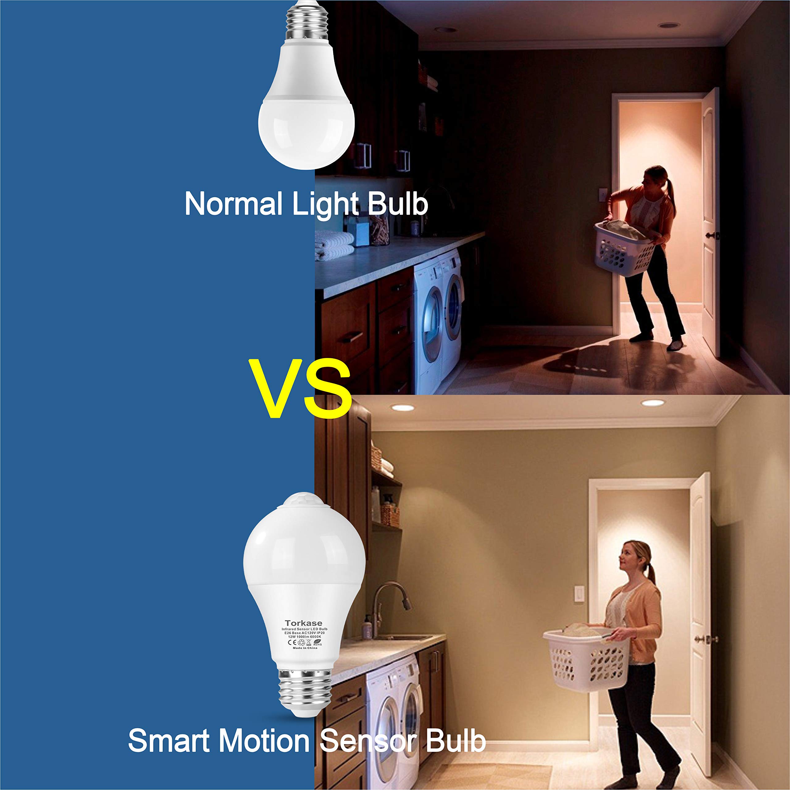 Torkase 12W Motion Sensor Light Bulb, Built-in Infrared Sensor and Light Sensor, Dusk to Dawn, Plug and Play, Auto on/off, 95% Energy Saving, A19/120V for Porch Garage Stair Yard (Cool White-2PACK)