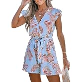 CUPSHE Women's Romper Tropical Flutter Sleeve Boho Overall V Neck Wide Leg Outfit Casual Beach