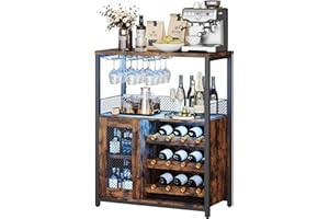 Loumernhant Bar Cabinet, Industrial Wine Cabinet with LED Light & Removabl Glass Rack, Liquor Storage Cabinet with Adjustable Wine Rack, Home Bar with Mesh Doors and Baffle, Retro with Light
