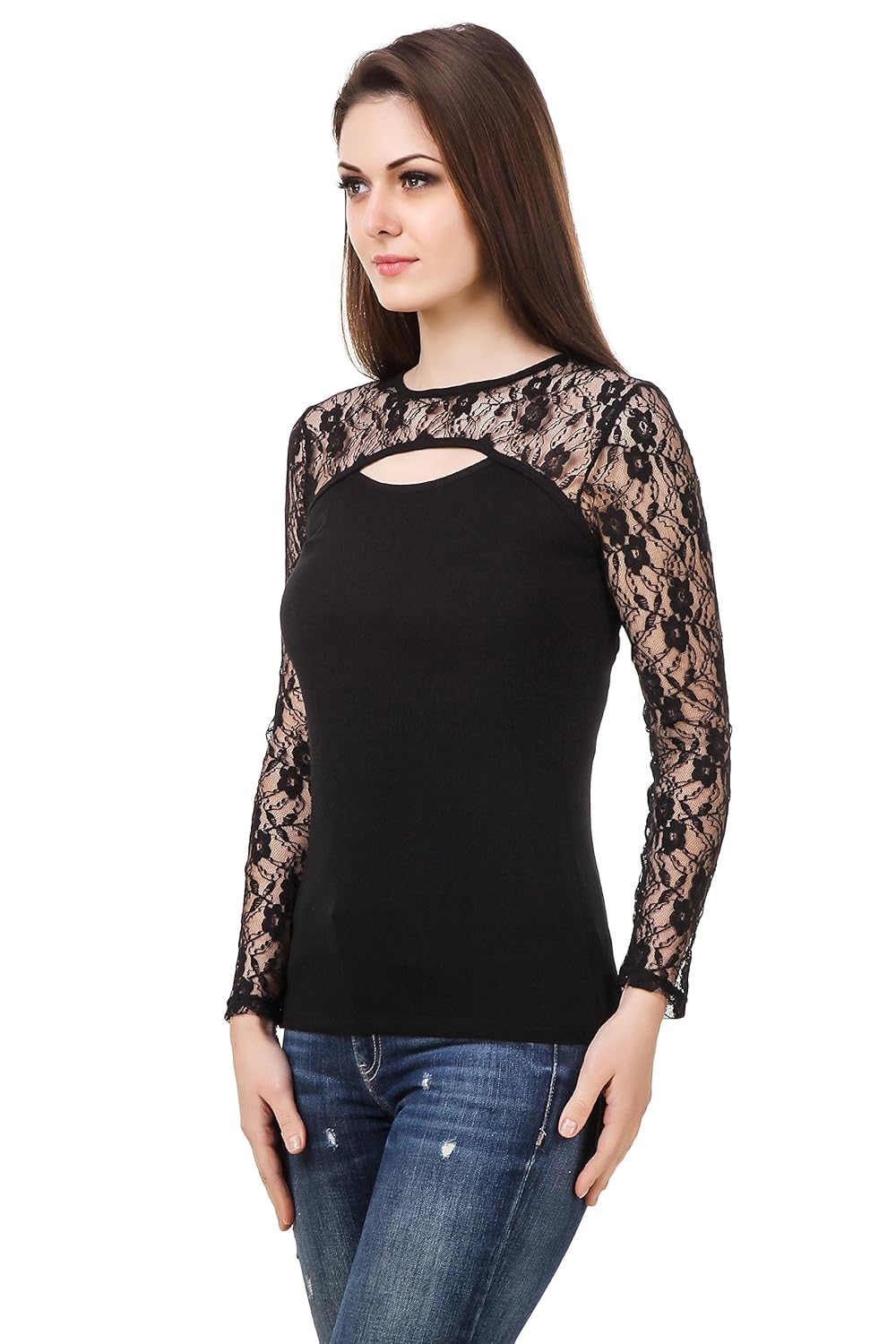 le bourgeois women's cut-out net yoke & sleeve top