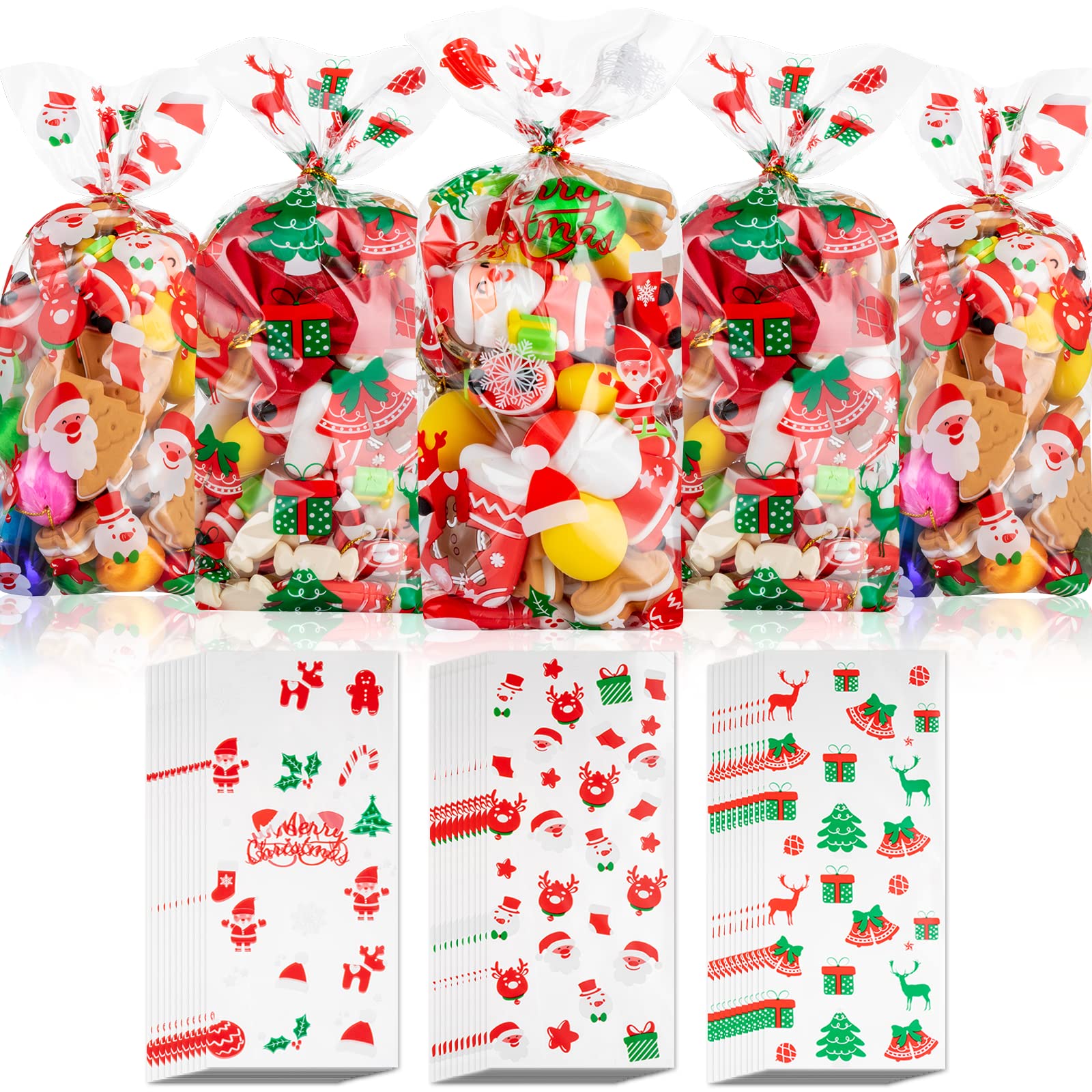 100 Pieces Christmas Cellophane Bags Xmas Party Gift Bags Goodies Treat Bags with Twist Ties for Christmas Party Favor