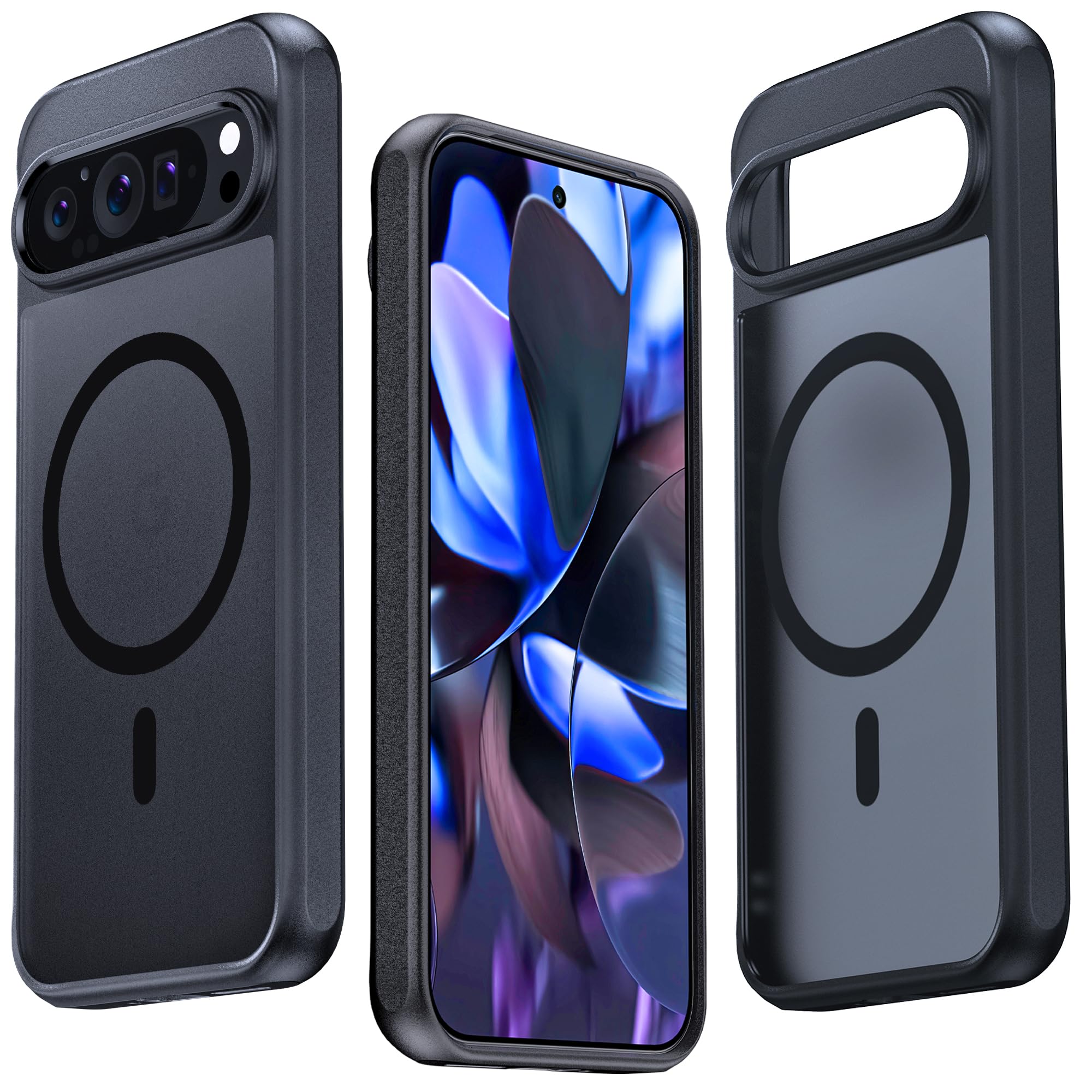 JIC AirGuard-Mag Case - for Pixel 9 and 9 Pro - Black Translucent Matte Case [Built-in Magnets for Magsafe] - Military-Grade Protective Phone Cover [AirCushion Corners]