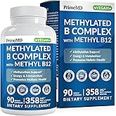 PrimeMD Methylated B Complex, Methylfolate &amp; B12 Methylcobalamin, 90ct | Energy, Brain Function and Wellness Support, Methylated B12 and Methylfolate, B Complex Supplement