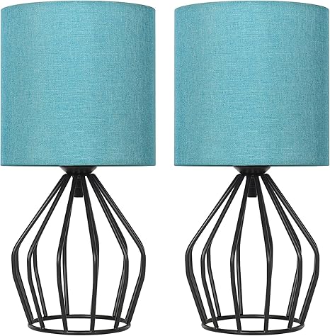 Haitral Modern Table Lamps Set Of 2 Black Metal Bedside Teal Lamps For Bedroom Living Room Dorm Side Table Geometric Desk Lamps With Hollowed Out Base And Blue Fabric Shade Amazon Com