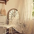 Deeprove Beige Lace Curtains 84 Inches Long 2 Panels Set, Boho Sheer Florals Scallop Ruffle Edge, Shabby Chic Vintage Window Treatment Pair Farmhouse Decor Drapes for Bedroom, Rod Pocket, W57 x L84