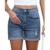 Vetinee Jean Shorts for Women Trendy High Waisted Distressed Ripped Stretchy Denim Shorts Fold Hem Summer Casual Jorts