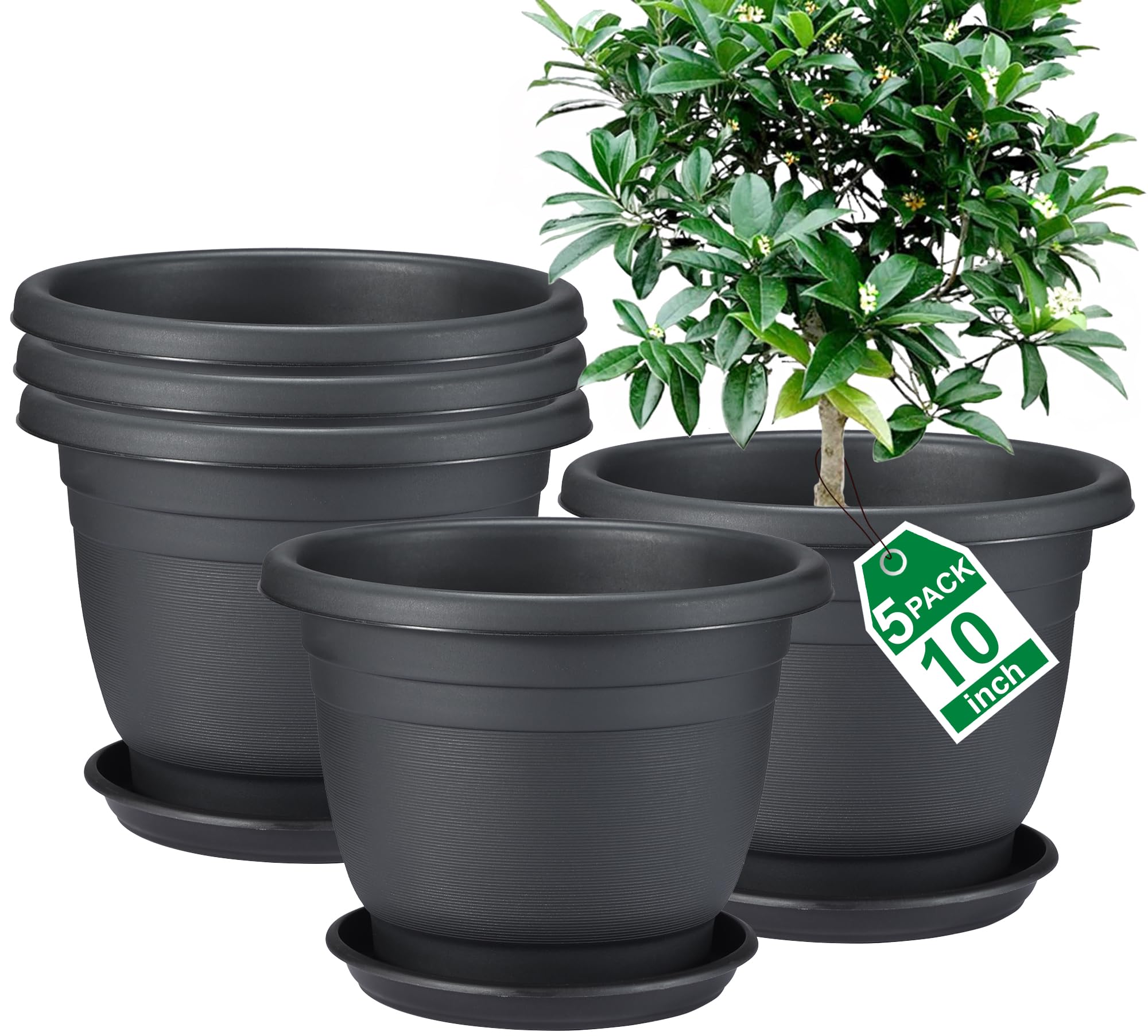 Photo 1 of Shineloha 5 Packs 10 inch Plant Pots + Saucer, Planters for Indoor & Outdoor Plants with Drainage Holes | Plastic Flower Pots, Large Planter (Black, 10 inch)