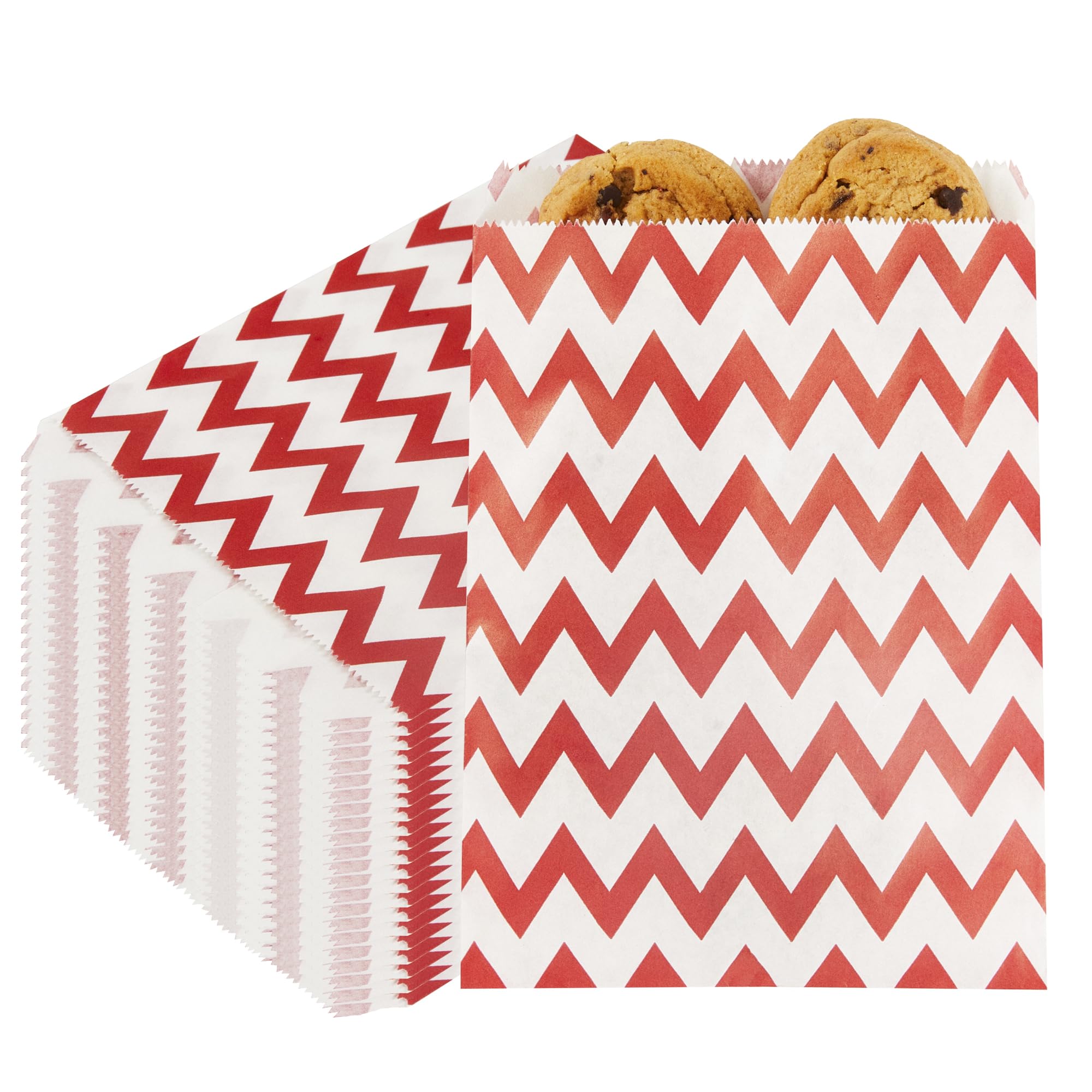 Restaurantware Disposable Red and White Zig Zags Paper Bags - 7" x 5" - 100ct Box - Eco-Friendly Bakery Packaging