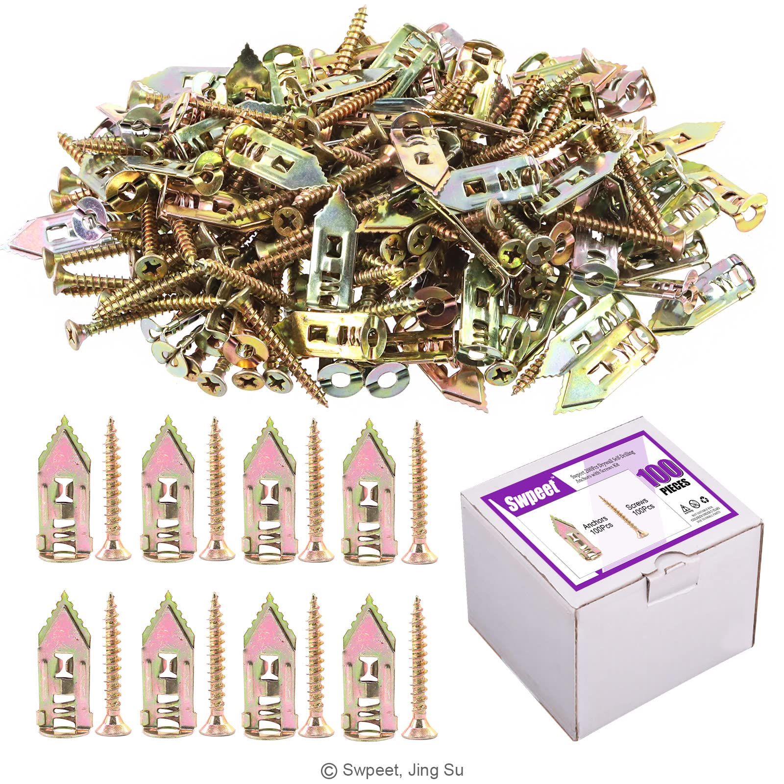 Swpeet 100Pcs Drywall Self-Drilling Anchors with Screws Kit, No Drill Or Holes in Wall Perfect for TV, Bike, Shelf Straps, Cabinet & Decoration Fixing Curtains, Calligraphy, Wall Cabinets