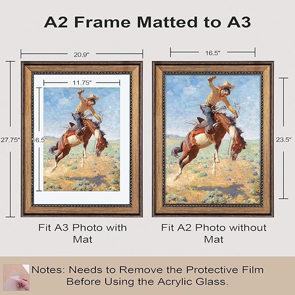 A2 PICTURE FRAME WITH A3 MAT: VINTAGE BROWN 16.5X23.4 FRAMES MATTED TO 11.75X16.5, WALL HANGING FRAME FOR PHOTOS, ARTWORK, CERTIFICATES DISPLAY