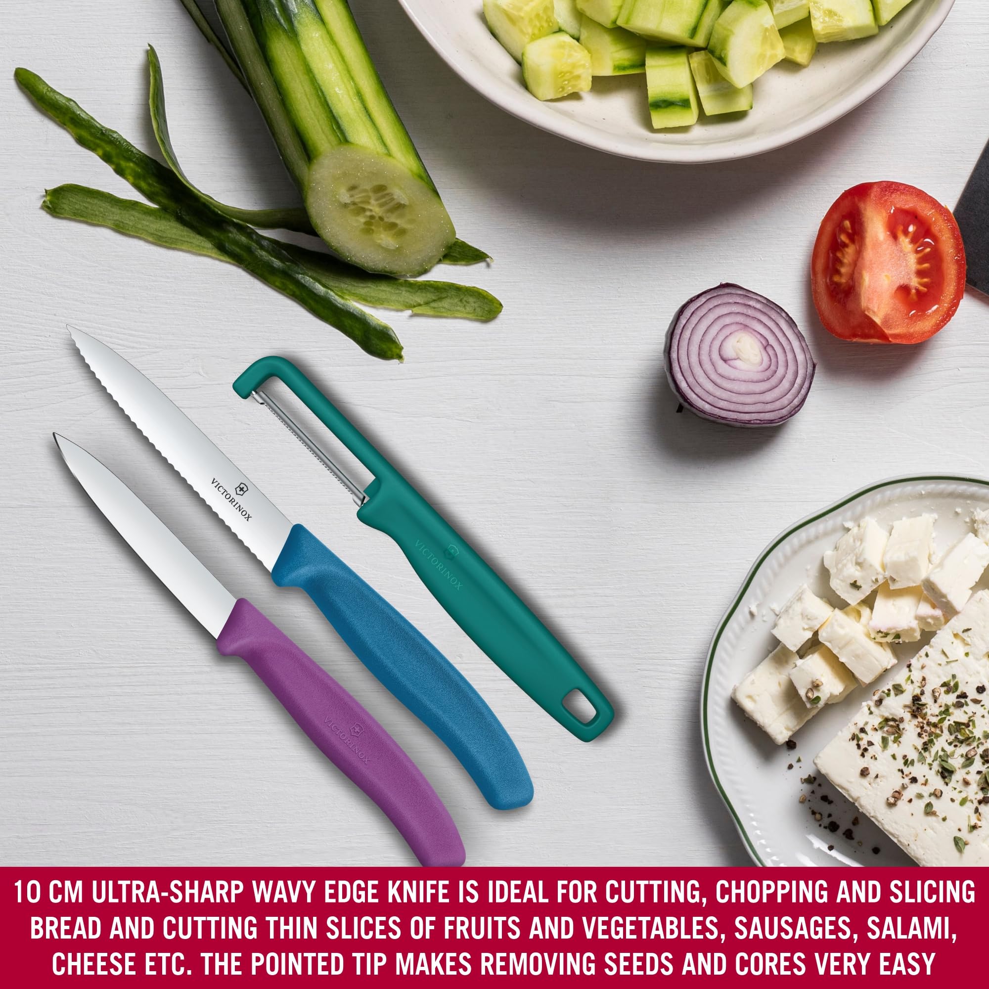 Victorinox Swiss Classic Gemüsemesser Set mit Sparschäler, Schälmesser und Tomatenmesser, 3-teilig, Extra Scharfe Klinge, Farbig 2