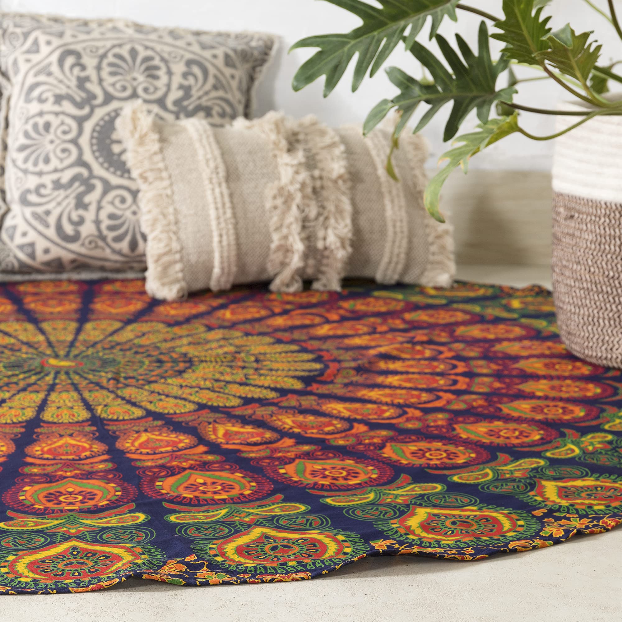 Popular Handicrafts Round Tapestry Wall Hanging Hippie Mandala Bohemian Hippy Intricate Indian Tapestries Bedspread 70 Inches,(178cm) Blue Yellow