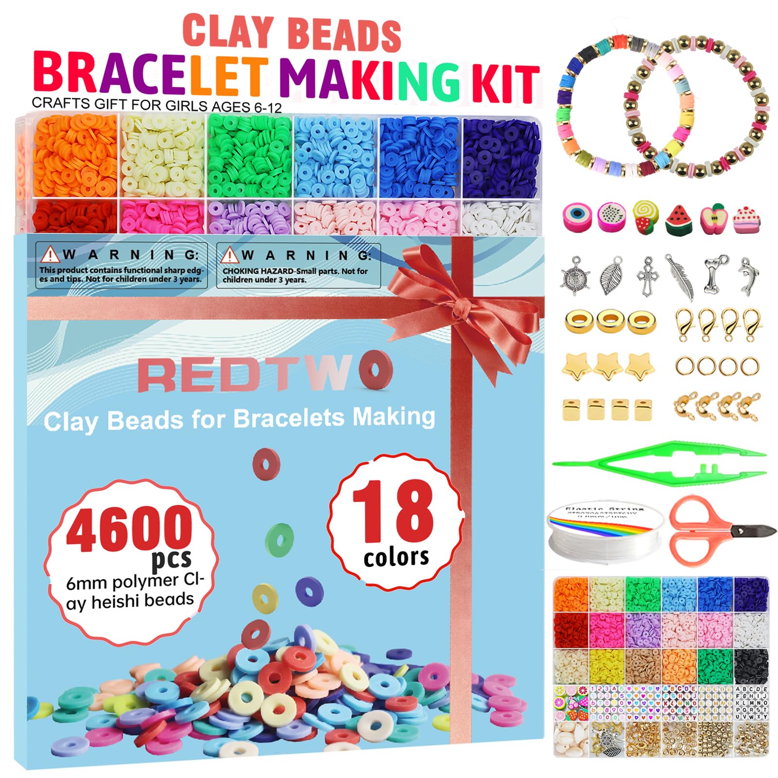 Redtwo 5100 Clay Beads Bracelet Making Kit, Flat Preppy Beads for Friendship Jewelry Making,Polymer Heishi Beads with Charms Gifts for Teen Girls Crafts for Girls Ages 8-12