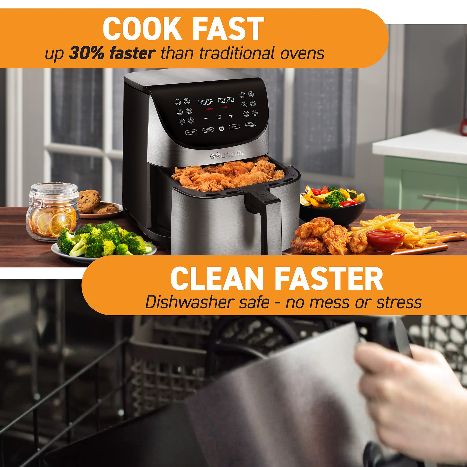 Gourmia Air Fryer Oven Pantalla digital 7 Quart Large AirFryer Cooker 12 Touch Cooking Presets, XL Air Fryer Basket 1700w Power Multifunción GAF778 Freidora de aire negra y de acero inoxidable FryForce 360°