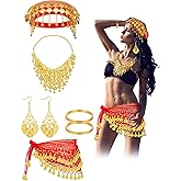 Jadive 7 Pieces Gypsy Costume Women Gypsy Belly Dance Accessories Gold Coins Belly Dance Hip Skirt Scarf Wrap Belt for Cosplay Halloween Dance Accessories