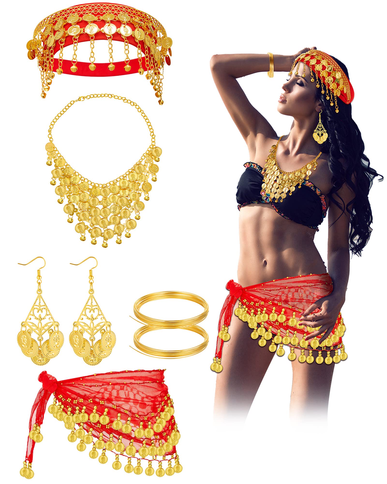 Jadive 7 Pieces Gypsy Costume Women Gypsy Belly Dance Accessories Gold Coins Belly Dance Hip Skirt Scarf Wrap Belt for Cosplay Halloween Dance Accessories