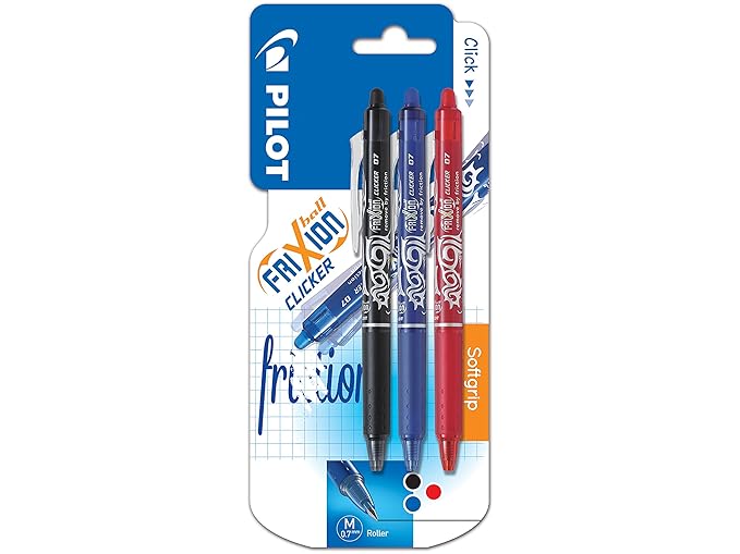 Pilot FriXion Clicker Tintenroller Geltinte Kugelspitze radierbar Druckknopf 3 Stück schwarz/blau/rot