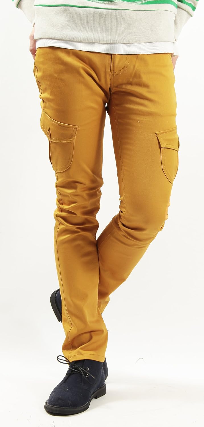 Amazon ストレッチツイルスキニーカーゴパンツ スリムパンツ スキニーパンツ ストレート メンズ Sサイズ マスタード ロングパンツ 通販