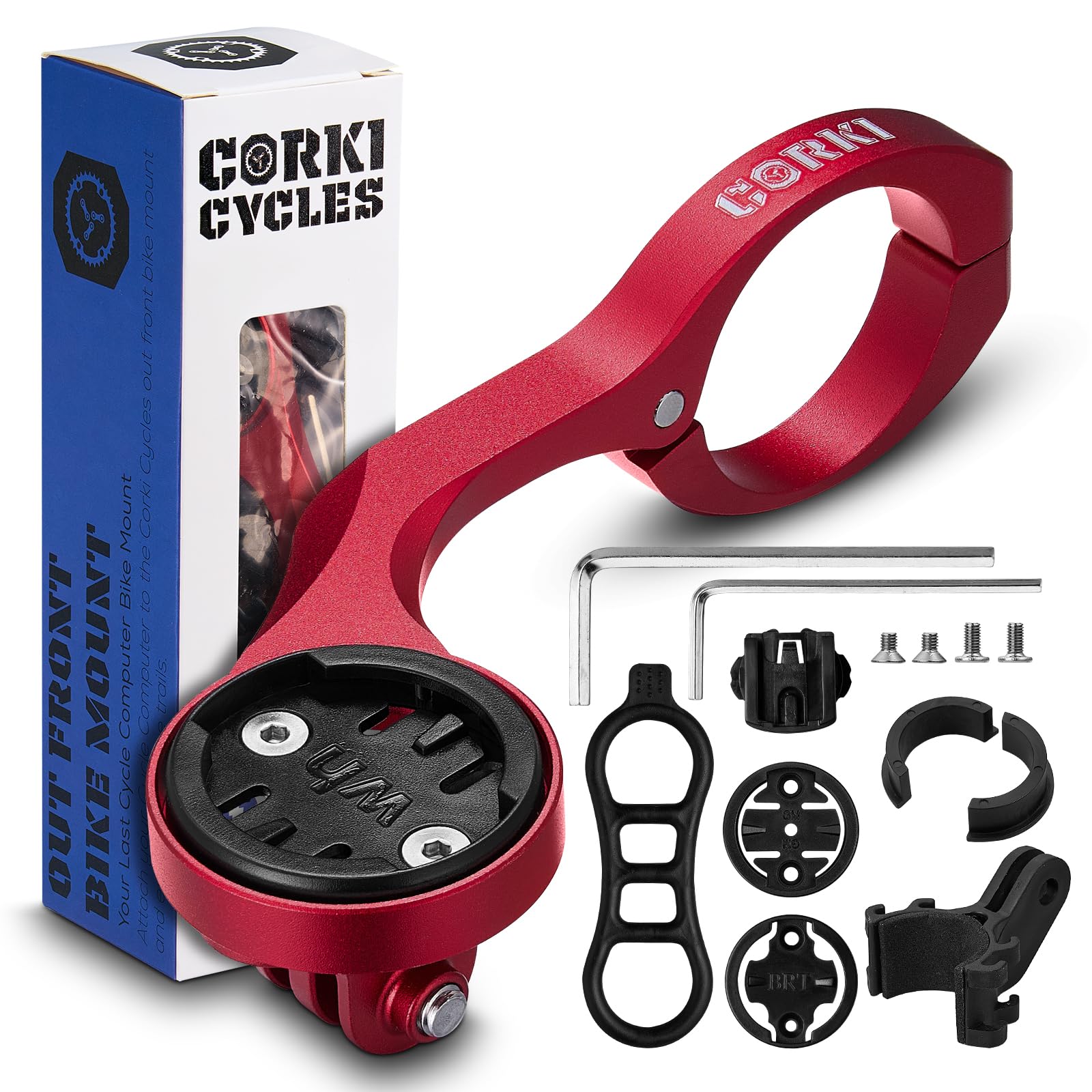 corki Cycles Out Front Handlebar Mounted Extended Bike Mount Holder Compatible for Wahoo Bryton Cateye Garmin Bike Computer 130 520 530 830 1030 Compatible with 31.8mm/25.4mm Bicycle Handlebar- Red