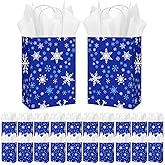 Kolldenn 25 Sets Winter Snowflake Gift Bags with Tissue Paper Blue Snowflake Candy Treat Goodie Bags Bulk with Handles for Winter Baby Shower Holiday Wonderland Birthday Party Favors Wrapping