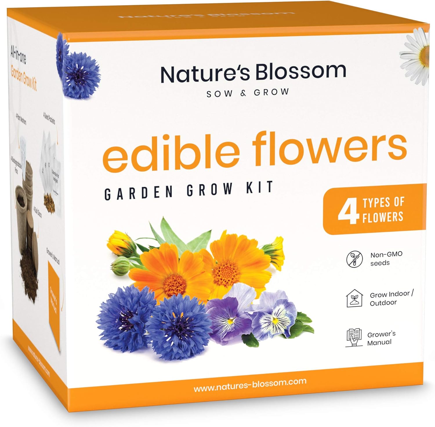 Nature's Blossom Edible Flowers Garden Kit - Complete Gardening with 4 Types of Culinary Flower Seeds, Soil, Pots, Labels, Guide. Indoor Gardening Gift Set for Men and Women.