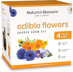 Nature's Blossom Edible Flowers Garden Kit - Complete Gardening with 4 Types of Culinary Flower Seeds, Soil, Pots, Labels, Guide. Indoor Gardening Gift Set for Men and Women.