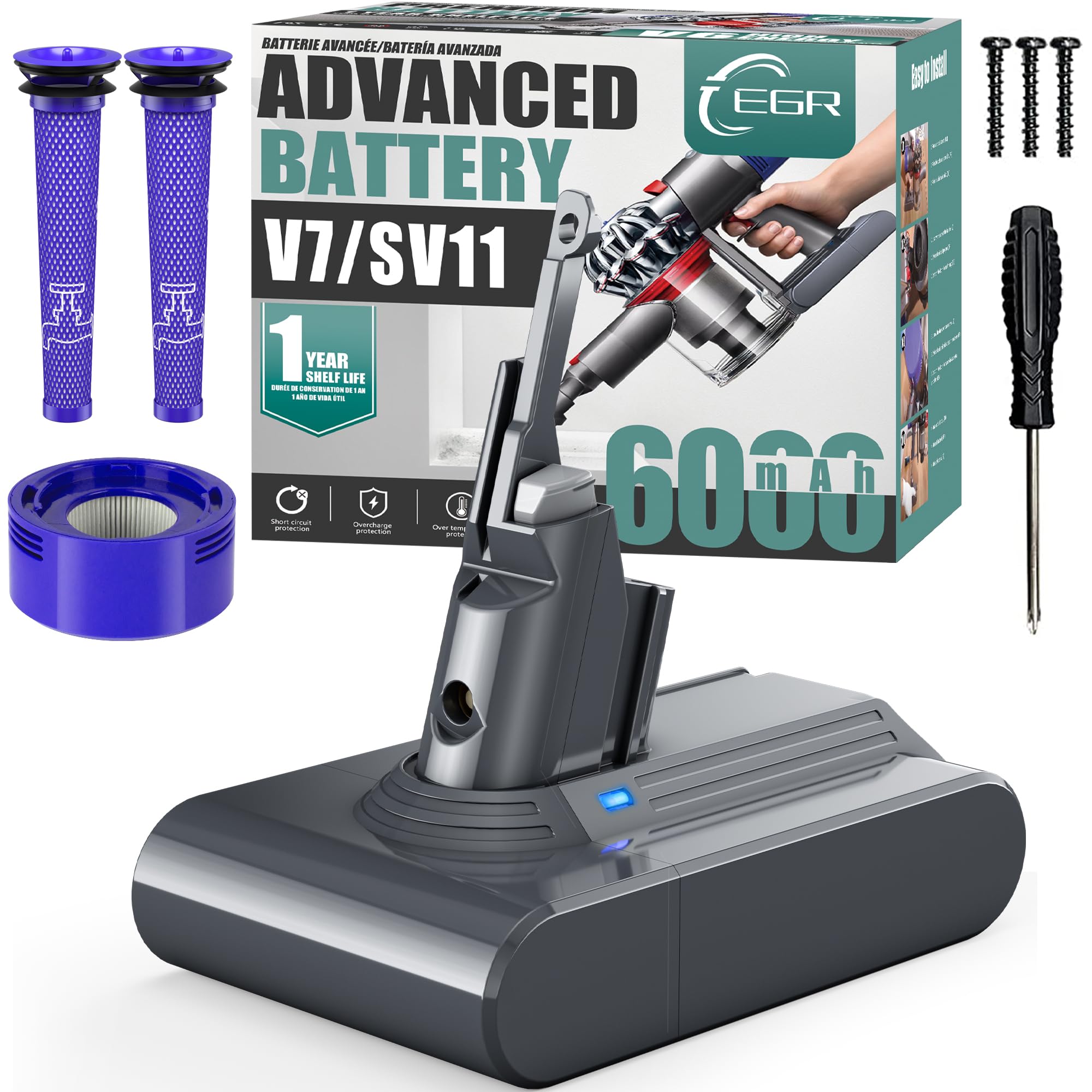 EGR Upgrade 6000mAh 21.6V V7 Battery Replacement Compatible with Dyson SV11 V7 Motorhead/Animal/Trigger/HEPA/Car+Boat/Absolute Handheld Cordless Vacuum Cleaners. (Not Fit V6, V8, V10) Image