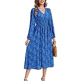 Kormei Womens Boho Floral Long Sleeve Maxi Dress V Neck Empire Waist Fall Wedding Guest Dresses with Pockets