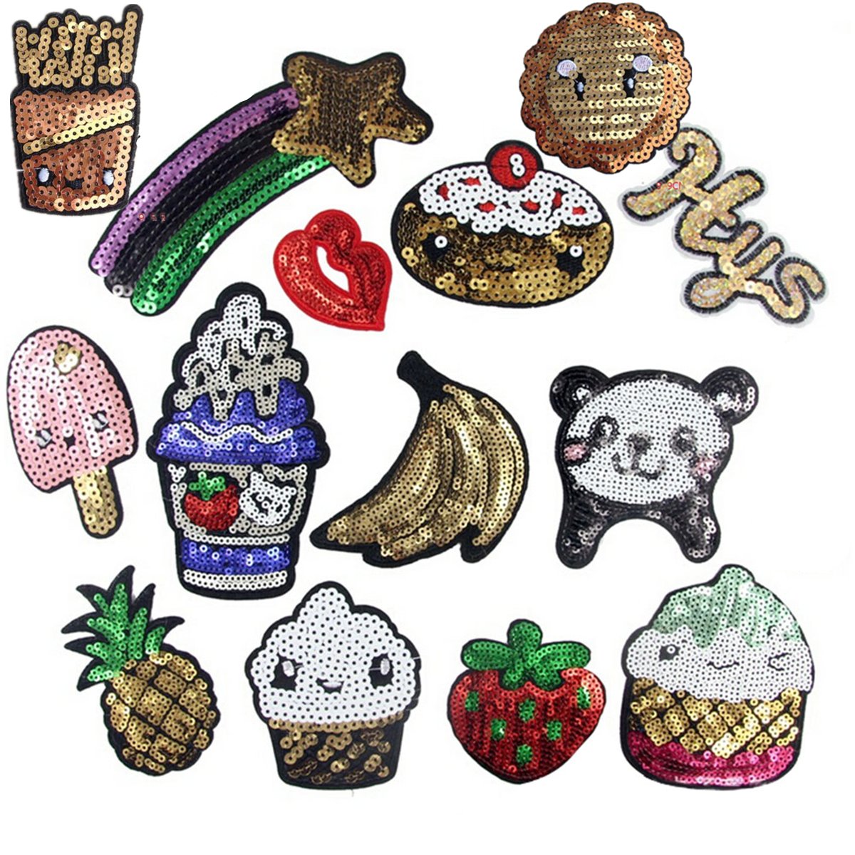 (Pack of 15)Ice Cream French Fries Banana Strawberry Bear Sequin Embroidered Appliques Sew or Iron on Patches